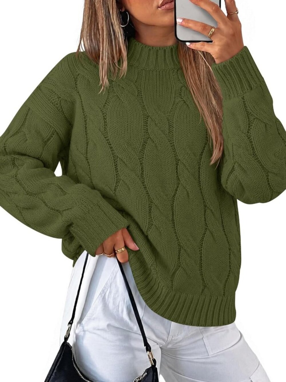 Cozy Women's Mock Neck Cable Knit Sweater Top - Loose Fit Pullover for